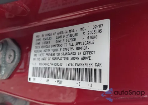 2007 Honda Accord 3.0 Ex из США, поврежденный, VIN 1HGCM66577A058040